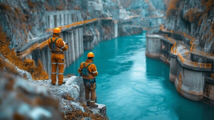 Wall Mural - Engineers inspecting hydroelectric dam. Engineers in safety gear inspecting a hydroelectric dam, emphasizing safety and precision in dam maintenance and operation.