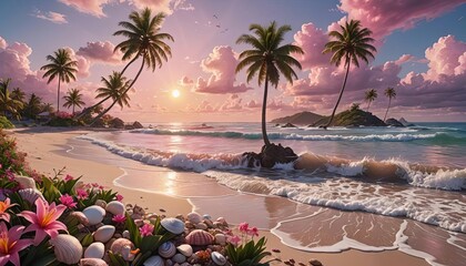 Wall Mural - A tropical beach at sunset with pink light and seashells on the clean sand. 