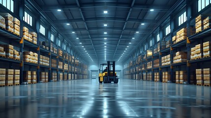 Poster - Forklift in Modern Warehouse with High Shelves. Forklift operates in a modern warehouse with high shelves, showcasing efficient logistics and storage management in the supply chain.