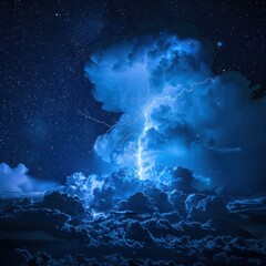 Blue Jet lightning phenomenon in the upper atmosphere, powerful blue-colored lightning jet shooting upwards from the top of a tall cumulonimbus cloud, dark night