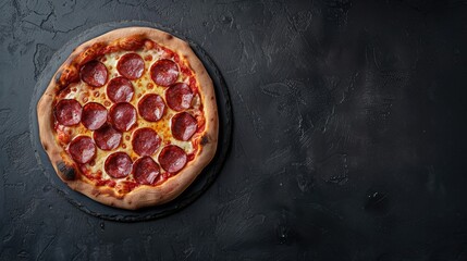 Poster - Italian pepperoni pizza on a dark stone surface Idea of a pizza topped with pepperoni and salami Overhead perspective with room for text