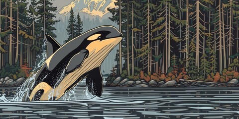 Wall Mural - Majestic Orca Leaping from Serene Lake Against a Forested Mountain Background: Stunning Nature and Wildlife Photography