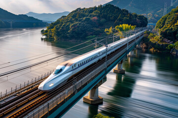 Wall Mural - A bullet train traveling over a bridge on a river in high speed with a motion blur effect