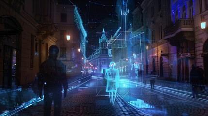 Wall Mural - Digital Landscape: AI City Simulation with Human Hologram