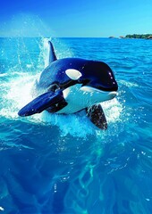 Wall Mural - Majestic Orca Breaching the Ocean Surface in Vibrant Blue Waters on a Clear Sunny Day with Scenic Background