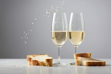 Minimalist Toast: two champagne flutes in a light clinking position on a clean, white surface.