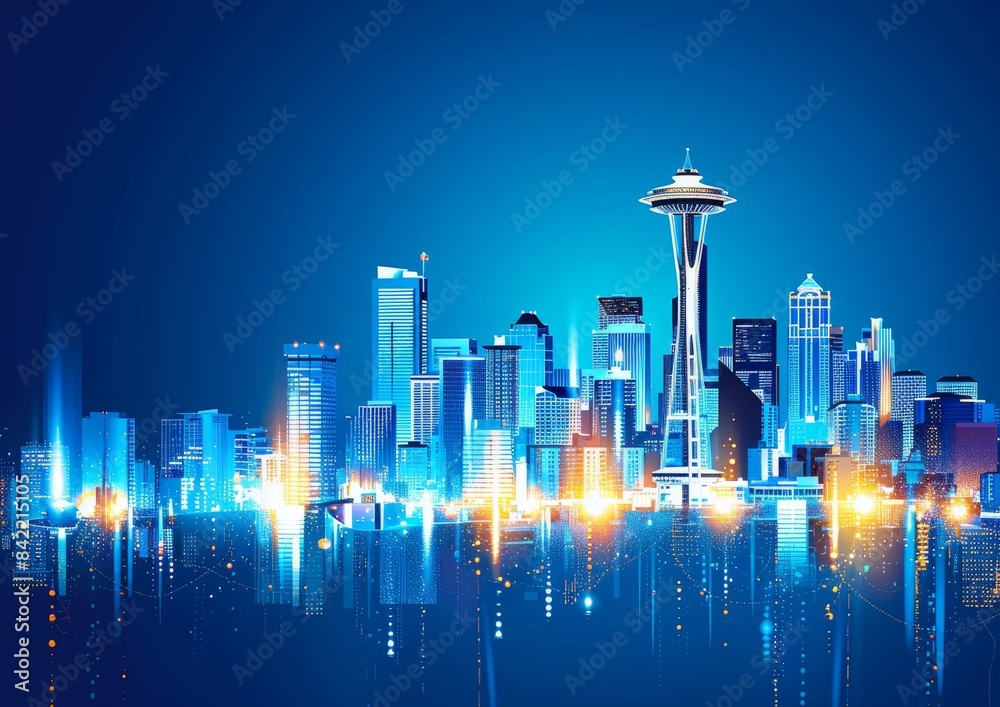 Stunning Illustration of a Vibrant Seattle Skyline at Night with Neon ...