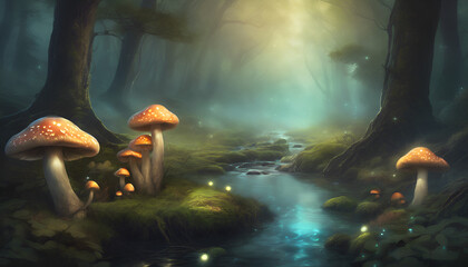 A magical forest with glittering fungus and a babbl