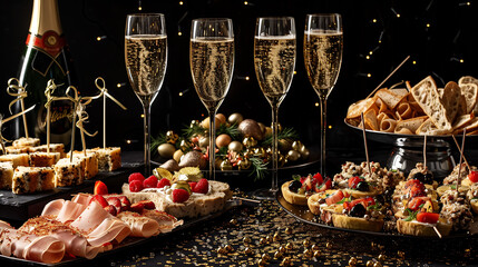 Wall Mural - A beautifully arranged New Year's Eve party table with champagne flutes, confetti, and hors d'oeuvres, on a solid black background