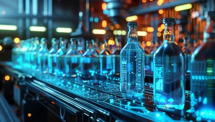 3D rendering, futuristic cityscape with digital glowing lines and glass bottles on the production line in high tech factory background. High resolution, intricate details.