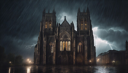 Gothic cathedral during a lightning-filled storm