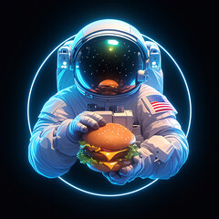 Astronaut Eating Burger with neon effect