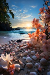 Wall Mural - Beautiful seascape. Panoramic view of tropical beach with flowers and stones