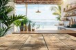 © Sweettymojidesign - The wooden table with a blur bokeh modern kitchen interior enhances the vibrant energy of a summer beach day, sharpen 3d rendering background