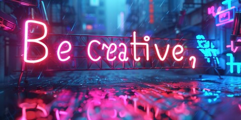 Letter of be creative in variant texture with bright light neon color in futuristic design with 3D design surrounded with high tower or electrical machine and big city at night. Scifi concept. AIG42.