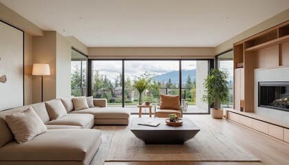 Wall Mural - Gorgeous living room featuring elegant hardwood flooring in a newly built highend residence