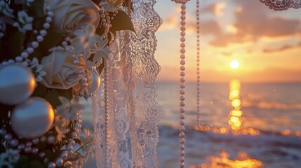Wall Mural - A vintage-inspired beach wedding setup with antique lace and pearls decorating the arch, the sunset providing a nostalgic amber backdrop.