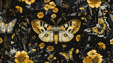 Delve into the enchanting world of a seamless moth pattern intertwining with a mystical hawkmoth and flowers print set against a backdrop of adorable black and yellow gothic vibes