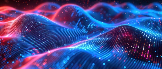 data science or artificial intelligence digital background featuring blue and red binary code waves
