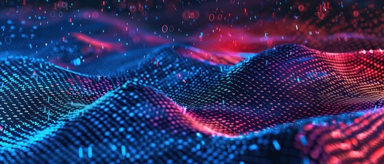 data science or artificial intelligence digital background featuring blue and red binary code waves