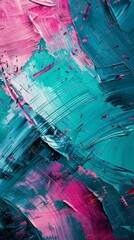 Aufkleber - Abstract painting with pink and teal brush strokes on canvas, vibrant contemporary art concept