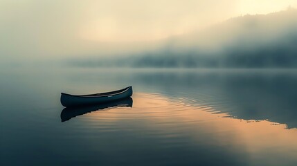 A solitary canoe floating on a still, misty lake at dawn.