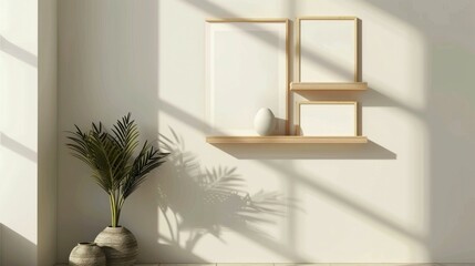 Wall Mural - Minimalist interior with vases and plant on shelf in empty room with white walls, decorative design concept