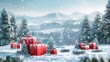 © rui - Enchanting Winter Wonderland Background with Red Gift Boxes and Pine Trees