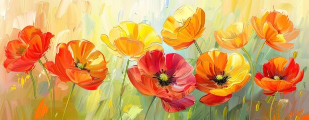 Canvas Print - Vibrant Poppies in Red, Yellow, and Orange Blooming Against a Lush Green Background, Symbolizing Beauty and Nature