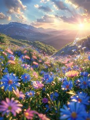 Sticker - A beautiful hillside with pink and blue wildflowers at sunset. 