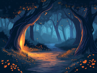 Wall Mural - landscape with fire in the magic forest