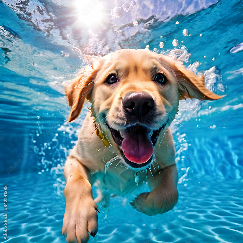 underwater funny photo of golden labrador retriever puppy in swimming ...