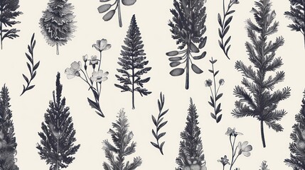 Wall Mural - Natural illustration pattern of pine leaves and trees with botanical ornaments and flowers, black white monogram background.