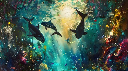 Rear view of a dreamy underwater scene, combining Surrealist elements with vibrant marine life, illuminated by bioluminescent light, oil painting style, rich and textured strokes