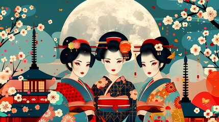 Wall Mural - Japanese new year greeting card banner wallpaper. Fantasy anime girl in traditional dress kimono, sakura full moon landscape. Fashionable 3d digital artwork cartoon, asian oriental design background.