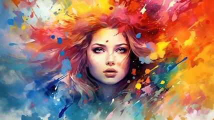 Wall Mural - Close up of young beautiful woman portrait with dynamic watercolor splash. Artistic and abstract painting concept. Creativity and beauty expression for design and modern art. Imagination. AIG35.