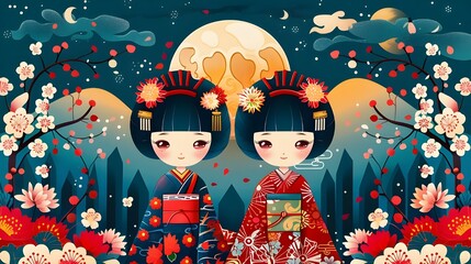 Poster - Japanese new year greeting card banner wallpaper. Fantasy anime girl in traditional dress kimono, sakura full moon landscape. Fashionable 3d digital artwork cartoon, asian oriental design background.