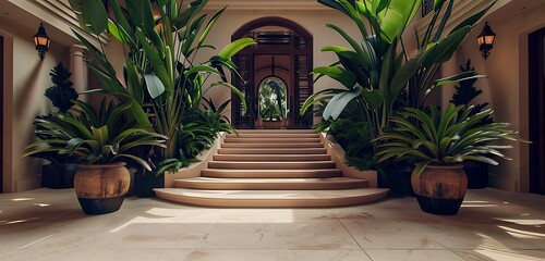 A luxury home entrance showcasing a wide staircase with steps that fan out at the base, surrounded by large, potted tropical plants