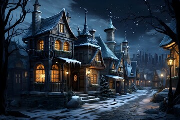 Winter night in the old town. Illustration. Digital painting.