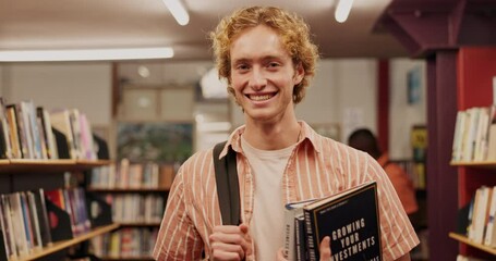 Aufkleber - Student, man and laughing with books in library for studying, literature research and fun learning for knowledge. Gen z, portrait and face for education with backpack, scholarship and academic info