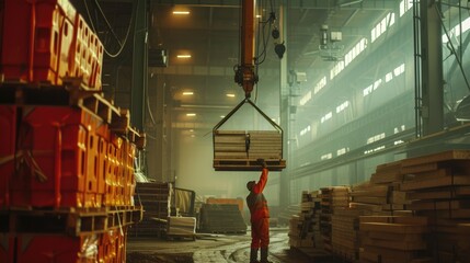 Wall Mural - Photo of professional warehouse worker with safety helmet checking at robot carrying industrial material. Skilled construction engineer working and guiding machine with crane moving product. AIG42.