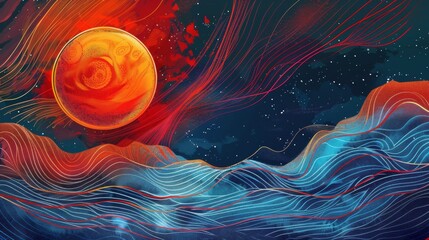 Wall Mural - Abstract art background with red sun and blue waves,