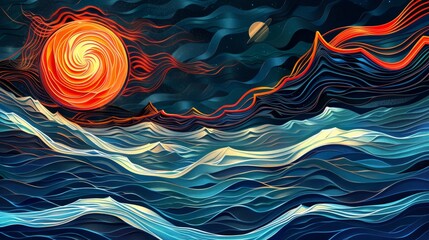 Wall Mural - Abstract art background with red sun and blue waves,