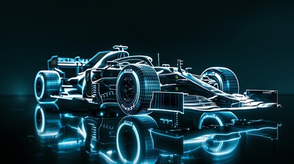 Wall Mural - a f1 car on a black background, in the style of blue print 3d hologram, light white and light blue, ghosting effect