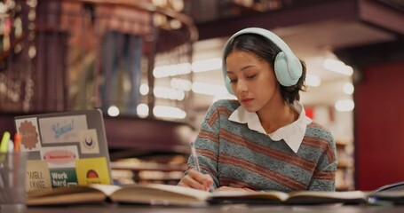 Wall Mural - Headphones, library and woman student writing notes for information, knowledge or research for test. Education, college and female person study for exam with books and laptop for listening to music.