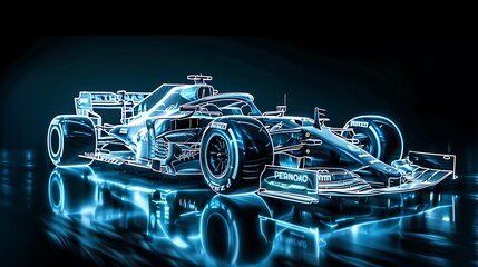 Wall Mural - a f1 car on a black background, in the style of blue print 3d hologram, light white and light blue, ghosting effect