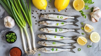 Poster - Raw sprats green onion spices and lemon slices arranged on a flat grey surface