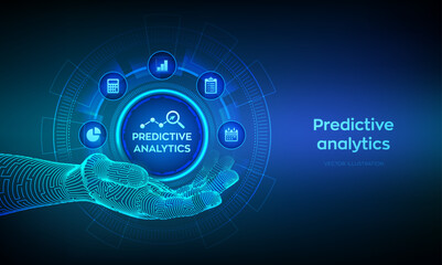 Predictive analytics icon in wireframe hand. Big Data analysis. Business intelligence technology concept on virtual screen. Machine learning. AI. Vector illustration.