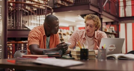 Sticker - Students, friends and studying in library for university, exam and accounting test with teamwork. Men, calculator and learning on campus for school, college and math brainstorming with scholarship