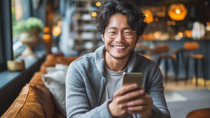 Poster - A man is sitting on a couch with a cell phone in his hand